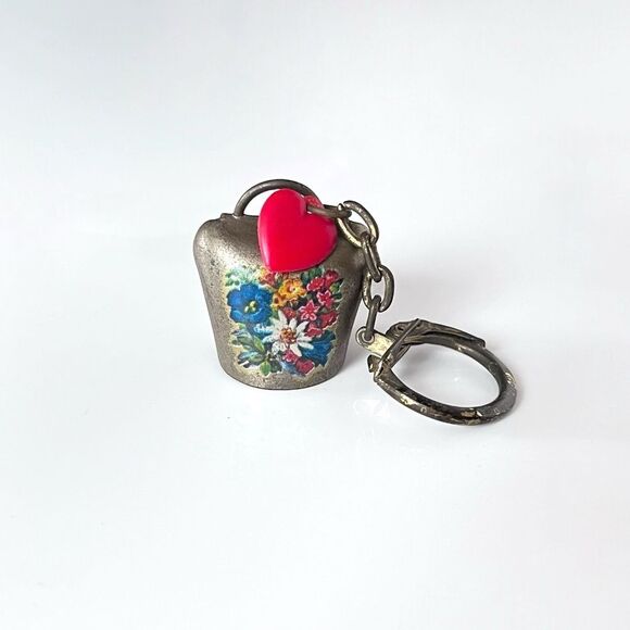 Vintage Swiss Cowbell w/ Flowers Keychain - Picture 1 of 4